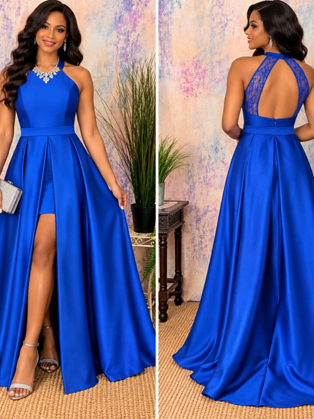 📌David's Bridal Royal Blue High- Low Walkthrough Skirt Design Prom Formal Gown